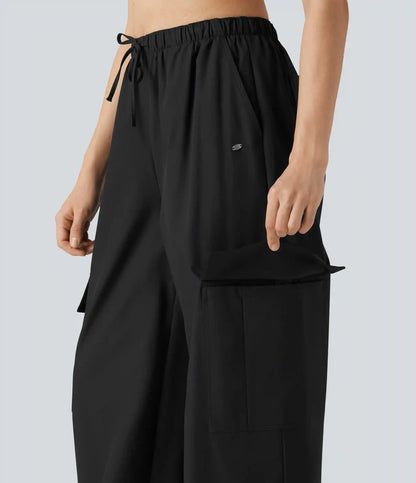 Water Repellent Wear-Resistant Mid Rise Drawstring Baggy Casual Cargo Pants with Pockets