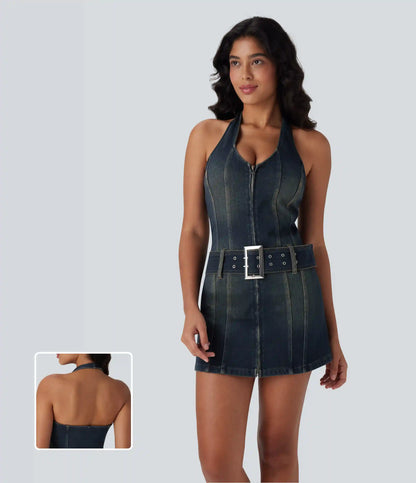Halara Flex™ Halter Zipper Belted Bodycon Mini Washed Denim Casual Dress