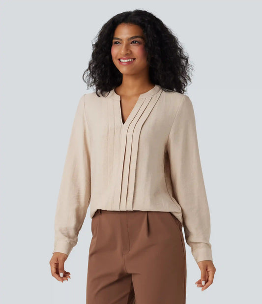 V-neck Long Sleeve Pleated Relaxed Fit Work Blouse