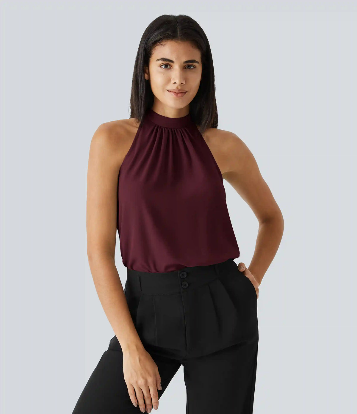 Keyhole Back Halter Sleeveless Curved Hem Work Blouse