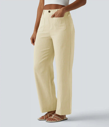 High Waisted Straight Leg Casual Linen-Feel Pants with Pockets