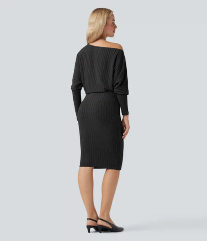 Ribbed Knit Off-shoulder Batwing Long Sleeve Bodycon Midi Casual Dress