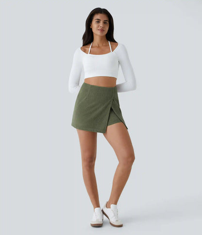 High Waisted Back Zipper Split Hem 2-in-1 Corduroy Casual Skirt