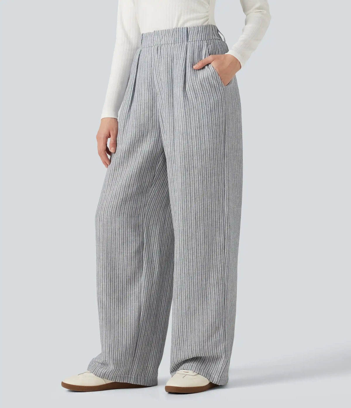 High Waisted Baggy Stripe Casual Linen-Feel Pants with Pockets