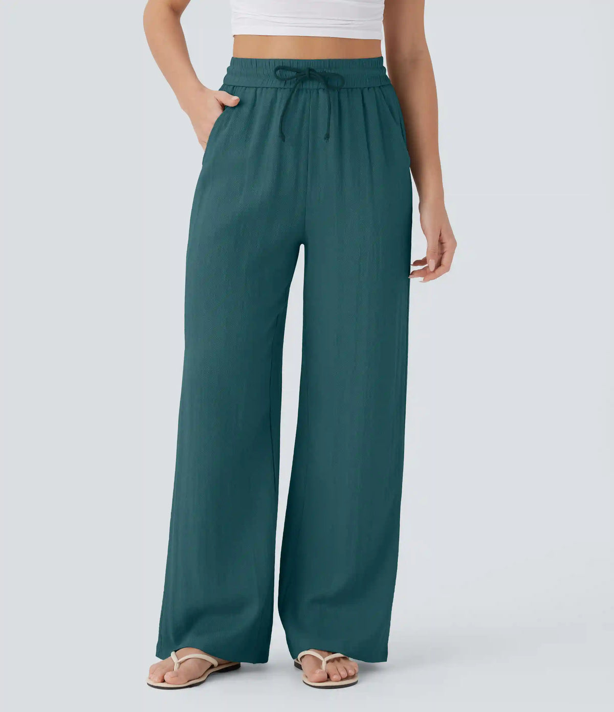 High Waisted Drawstring Pocket Wide Leg Baggy Casual Linen-Feel Pants