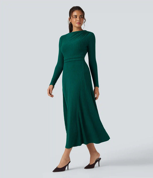 Ribbed Knit Long Sleeve Midi Casual Dress with Pockets