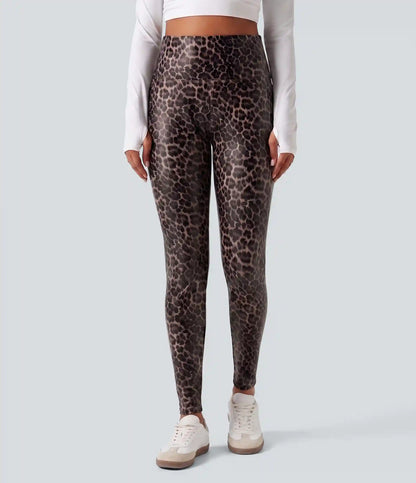 High Waisted Tummy Control Stretchy PU Leopard Print Skinny Casual Leggings with Pockets