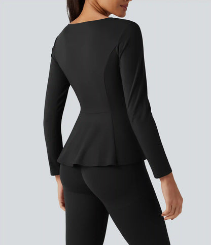 SoftlyZero™ Plush V Neck Long Sleeve Slim Ruffle Hem Yoga Jacket with Pockets