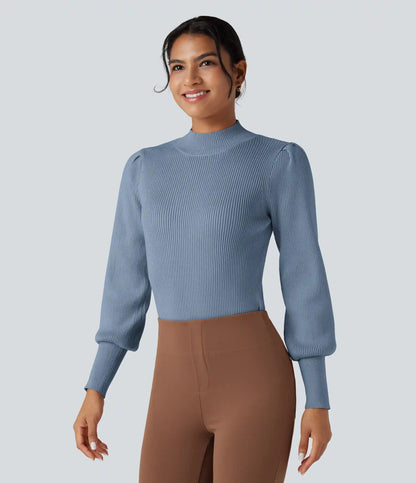 Mock Neck Puff Long Sleeve Casual Sweater