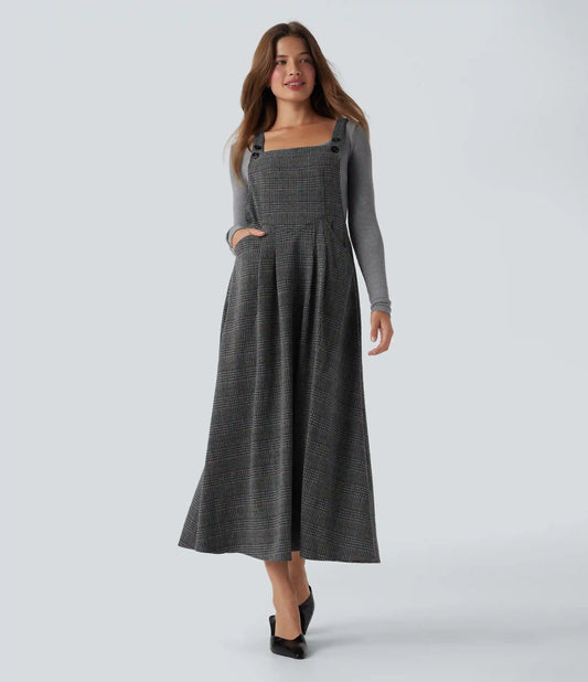 Houndstooth Plaid Midi Work Jumper Dress with Pockets