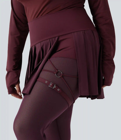 Breezeful™ High Waisted Pleated 2-in-1 Contrast Mesh Quick Dry Dance Plus Size Stirrup Skirted Leggings with Pockets
