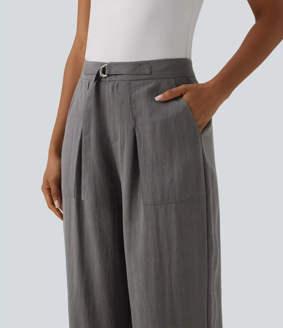 Adjustable High Waisted Linen Work Baggy Pants with Pockets