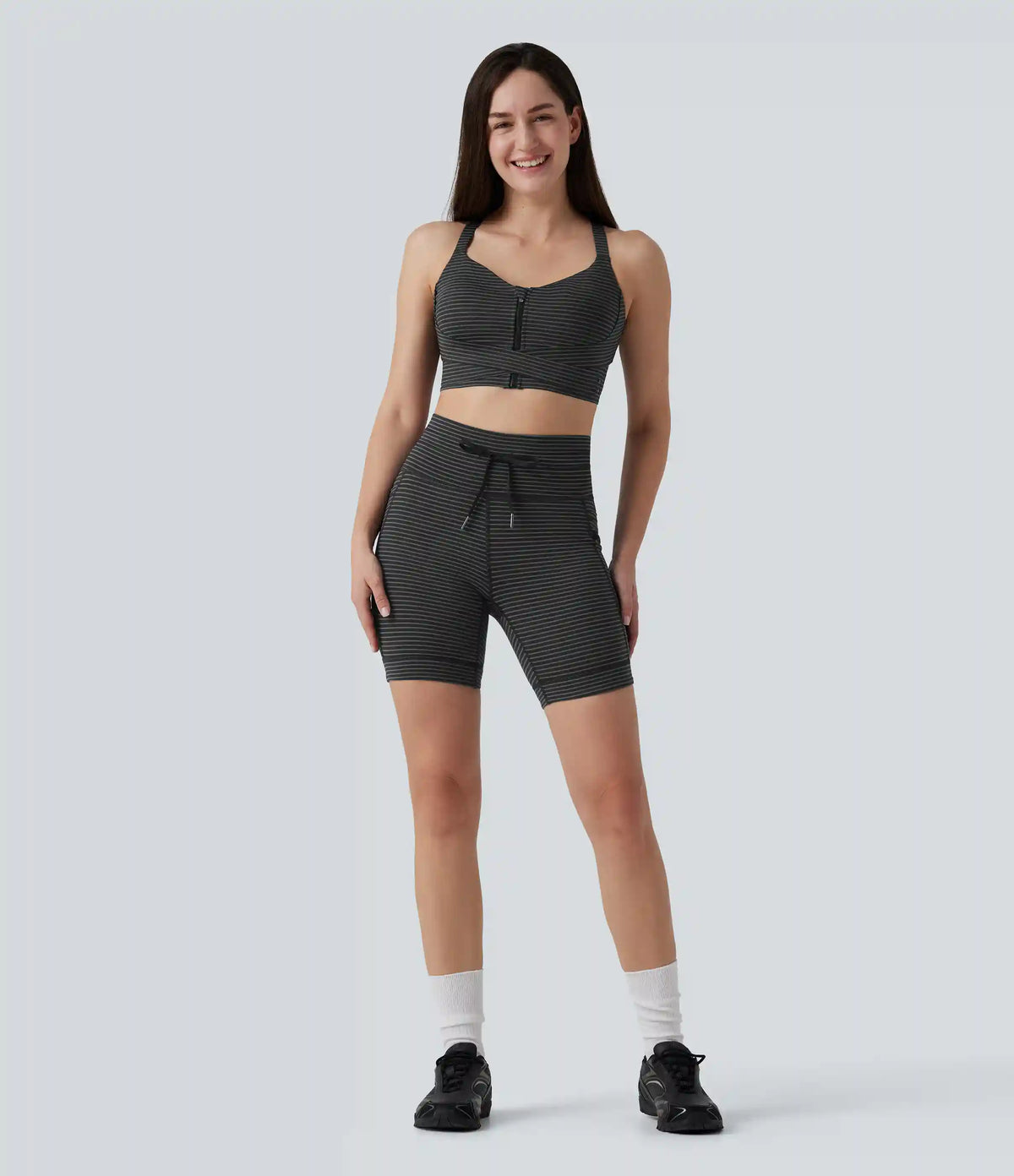 Medium Support Push Up Zipper Adjustable Built-in Bra Buckle Striped Running Sports Bra