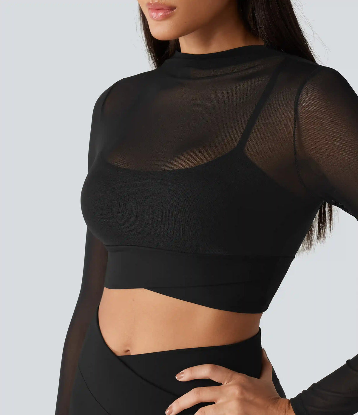 Mock Neck Long Sleeve Non-Removable Pad Mesh Cropped Yoga Sports Top