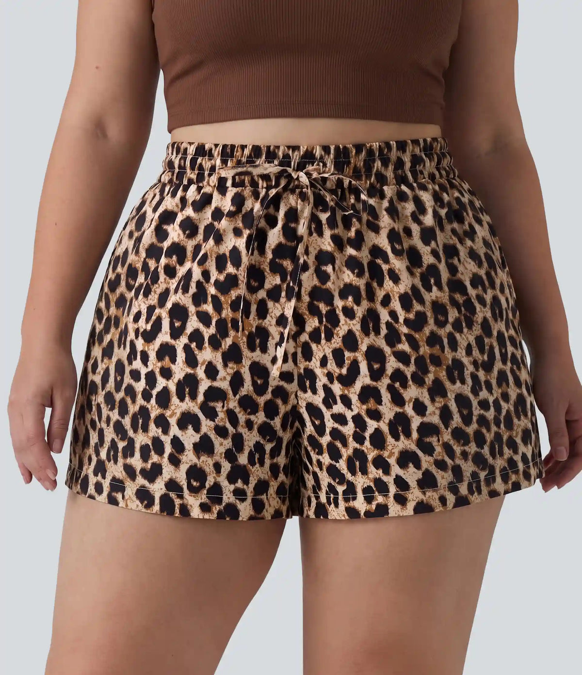 Plus Size High Waisted Drawstring Leopard Print Casual Shorts with Pockets