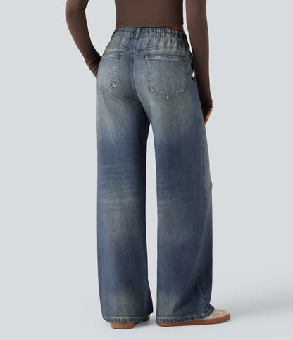 Mid Rise Denim Print French Terry Casual Sweatpants Jeans with Pockets