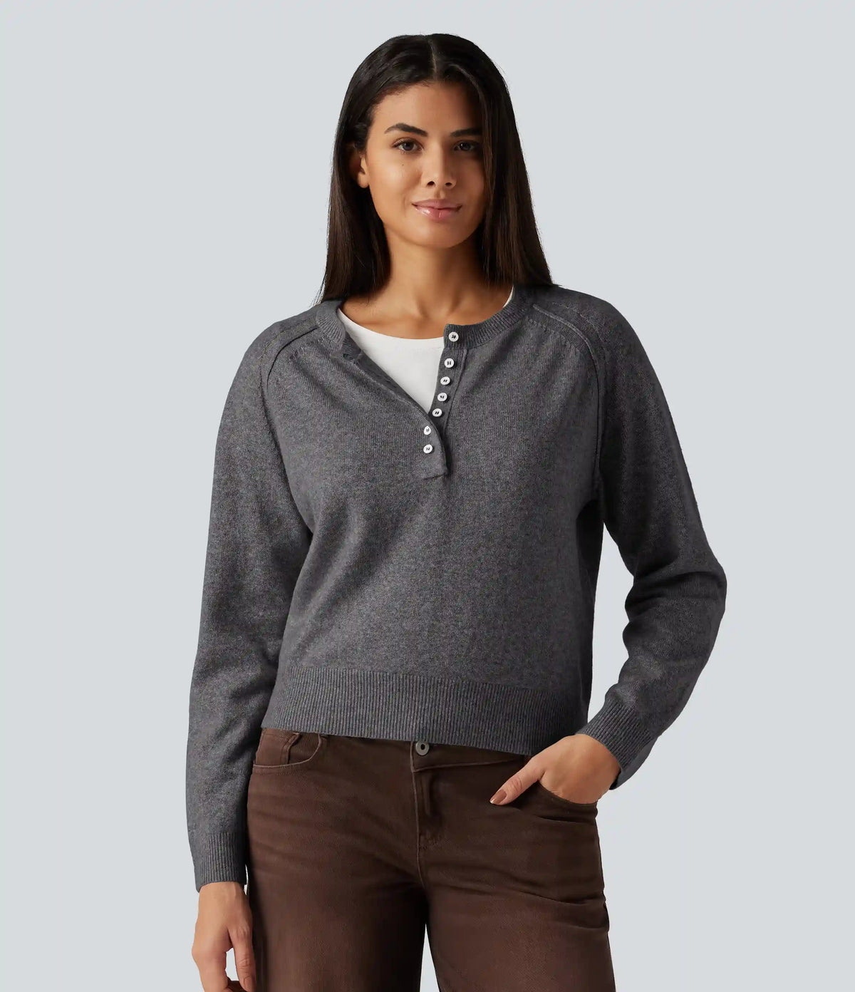 Henley Neck Long Sleeve Casual Sweater