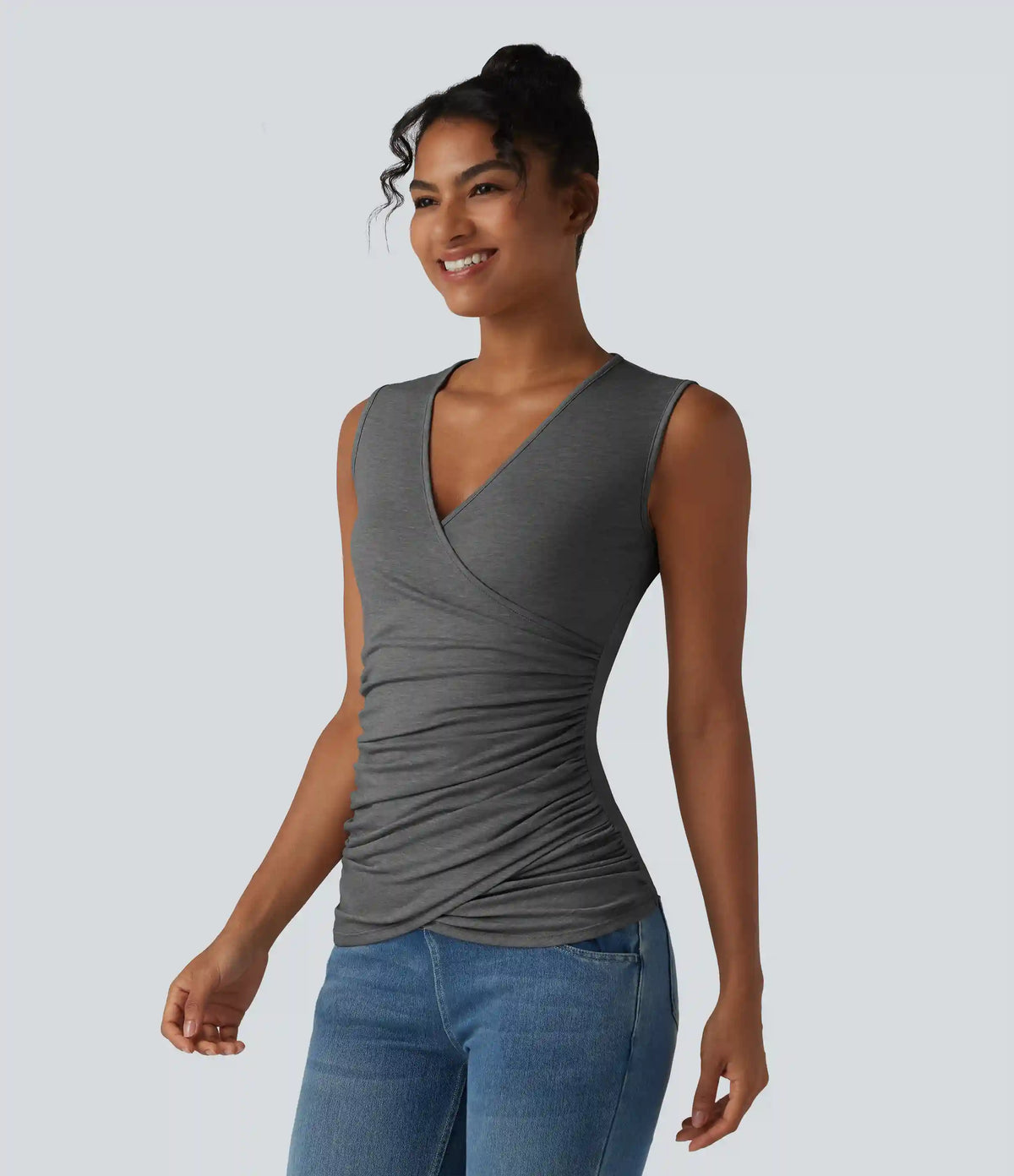 V Neck Crossvoer Ruched Casual Tank Top