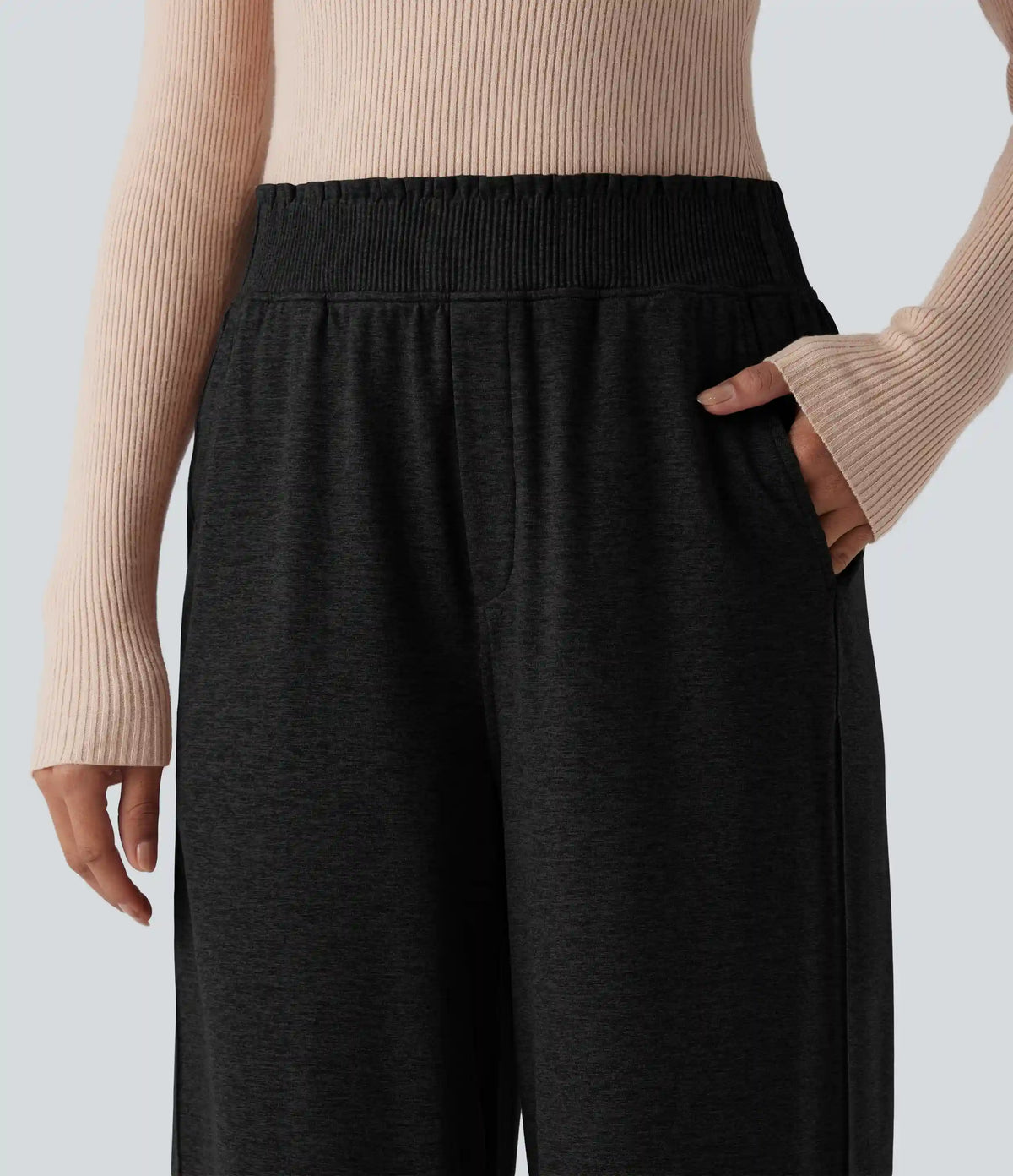 High Waisted Lettuce Trim Quick Dry Heathered Casual Wide Leg Sweatpants with Pockets-UPF40+