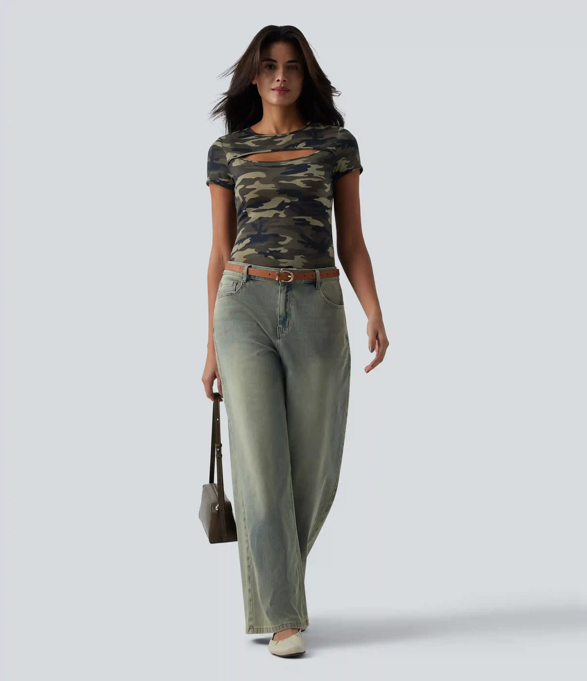Round Neck Short Sleeve Cut Out Camo Casual T-Shirt