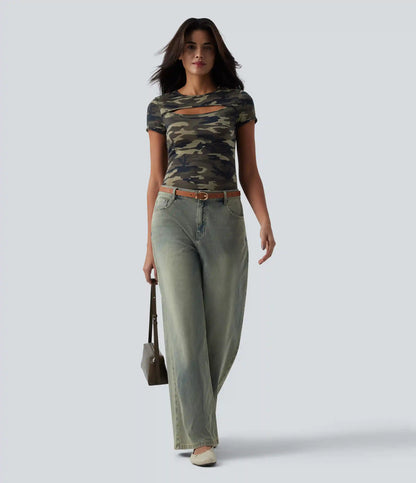 Round Neck Short Sleeve Cut Out Camo Casual T-Shirt