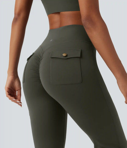 DayStretch High Waisted Tummy Control Ruched Workout Flare Pants with Pockets