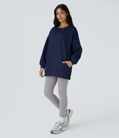 Round Neck Long Sleeve Pocket Oversize Fleece Casual Sweatshirt