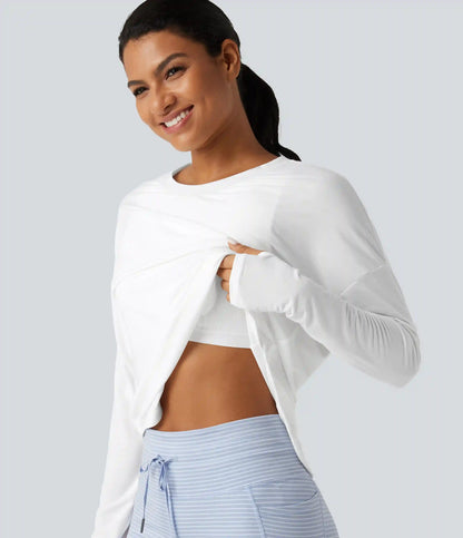 Round Neck Long Sleeve Thumb Hole Built-in Bra Quick Dry Yoga Sports Top