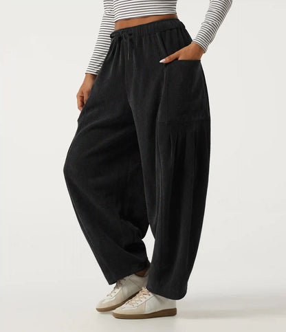 High Waisted Drawstring Corduroy Casual Pants with Pockets