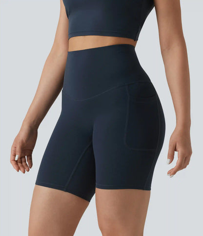 Halara Ultrasculpt™ High Waisted Tummy Control Crossover Back Running Biker Shorts 7'' with Pockets