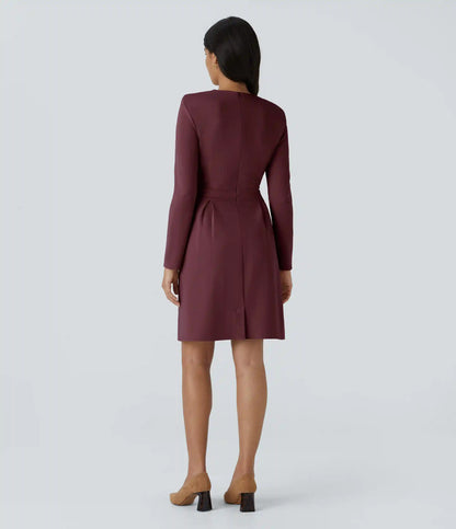 Round Neck Shoulder Pad Long Sleeve Hem Slim Mini Work Dress