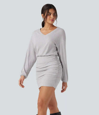 Ribbed Knit V-neck Long Sleeve Ruched Bodycon Mini Casual Dress