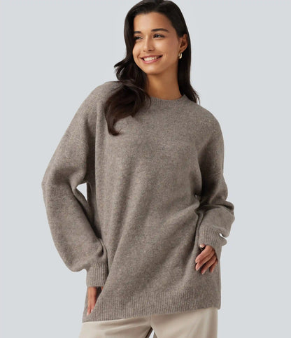 Round Neck Dropped Long Sleeve Work Wool-Blend Sweater