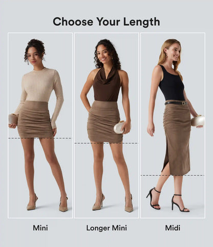 High Waisted Tummy Control Ruched Curved Hem Bodycon 2-in-1 Suede Mini Skirt