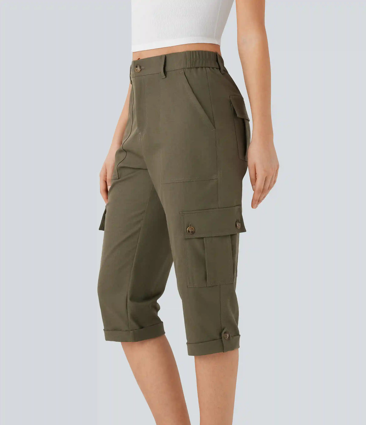 Mid Rise Rolled Hem Casual Cargo Pants with Flap Pockets