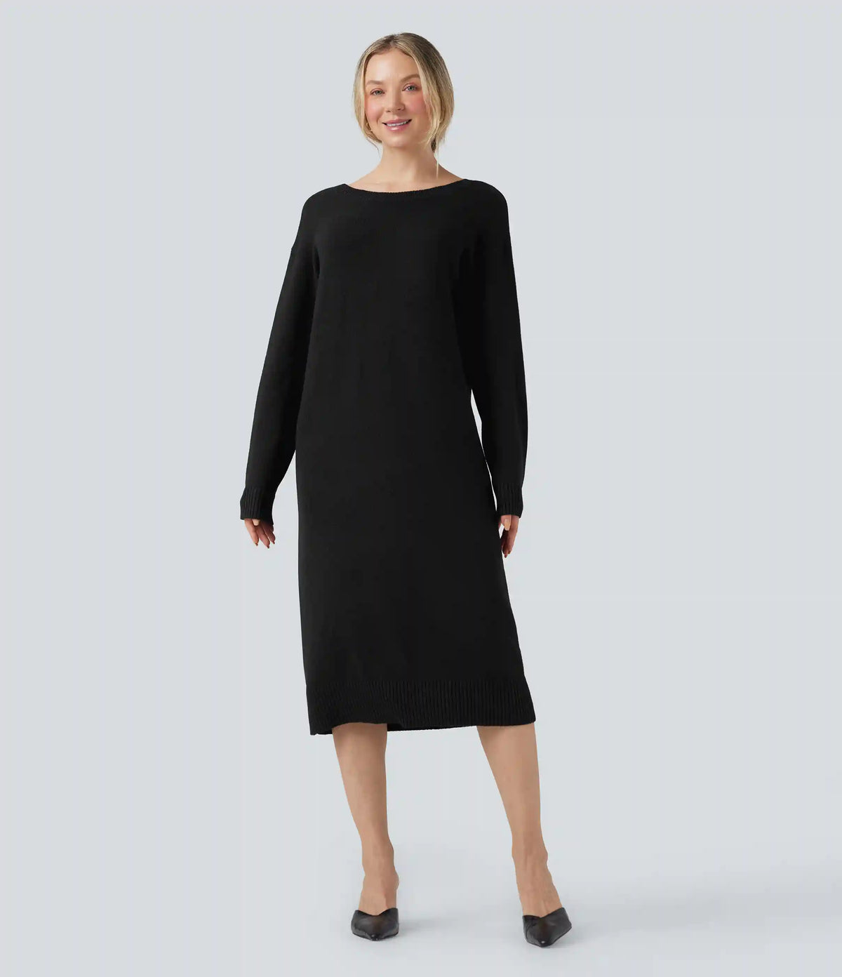 V-neck Long Sleeve Midi Wool-Blend Work Sweater Dress-Front and Back Wearable