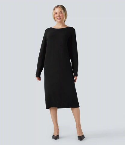 V-neck Long Sleeve Midi Wool-Blend Work Sweater Dress-Front and Back Wearable