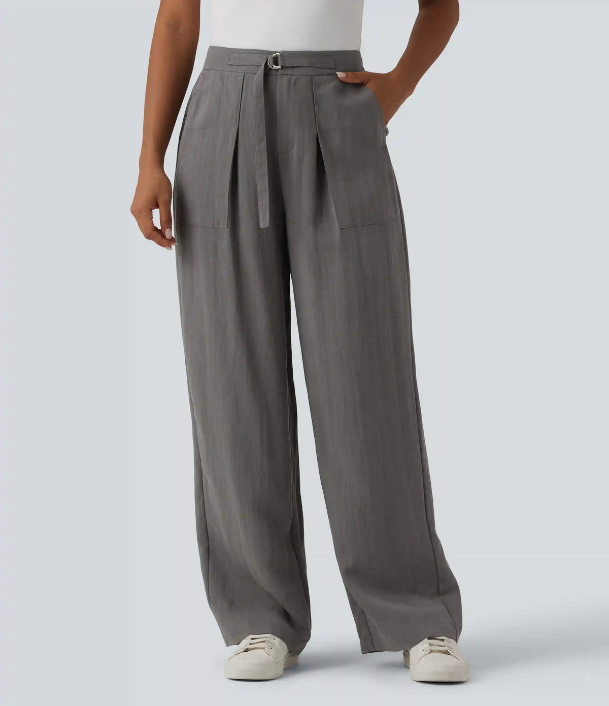Adjustable High Waisted Linen Work Baggy Pants with Pockets