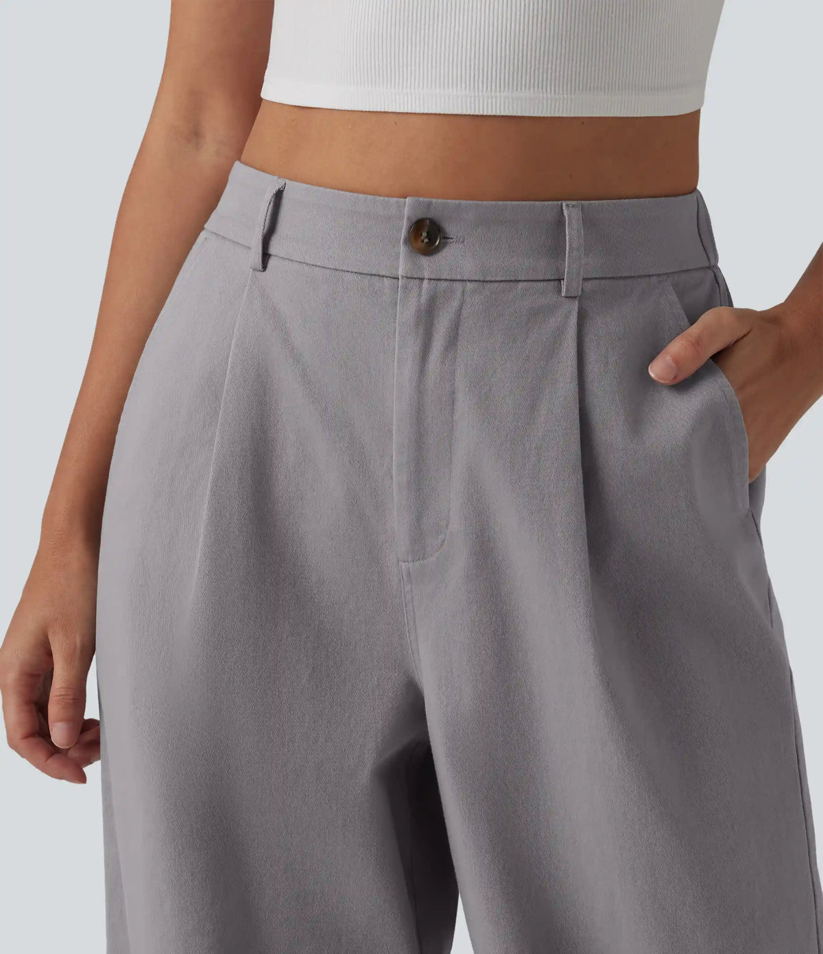 High Waisted Straight Leg Work Chino Cotton Pants with Pockets