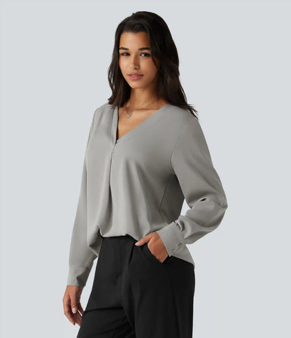 Wrinkle Recovery V Neck Long Sleeve Work Blouse