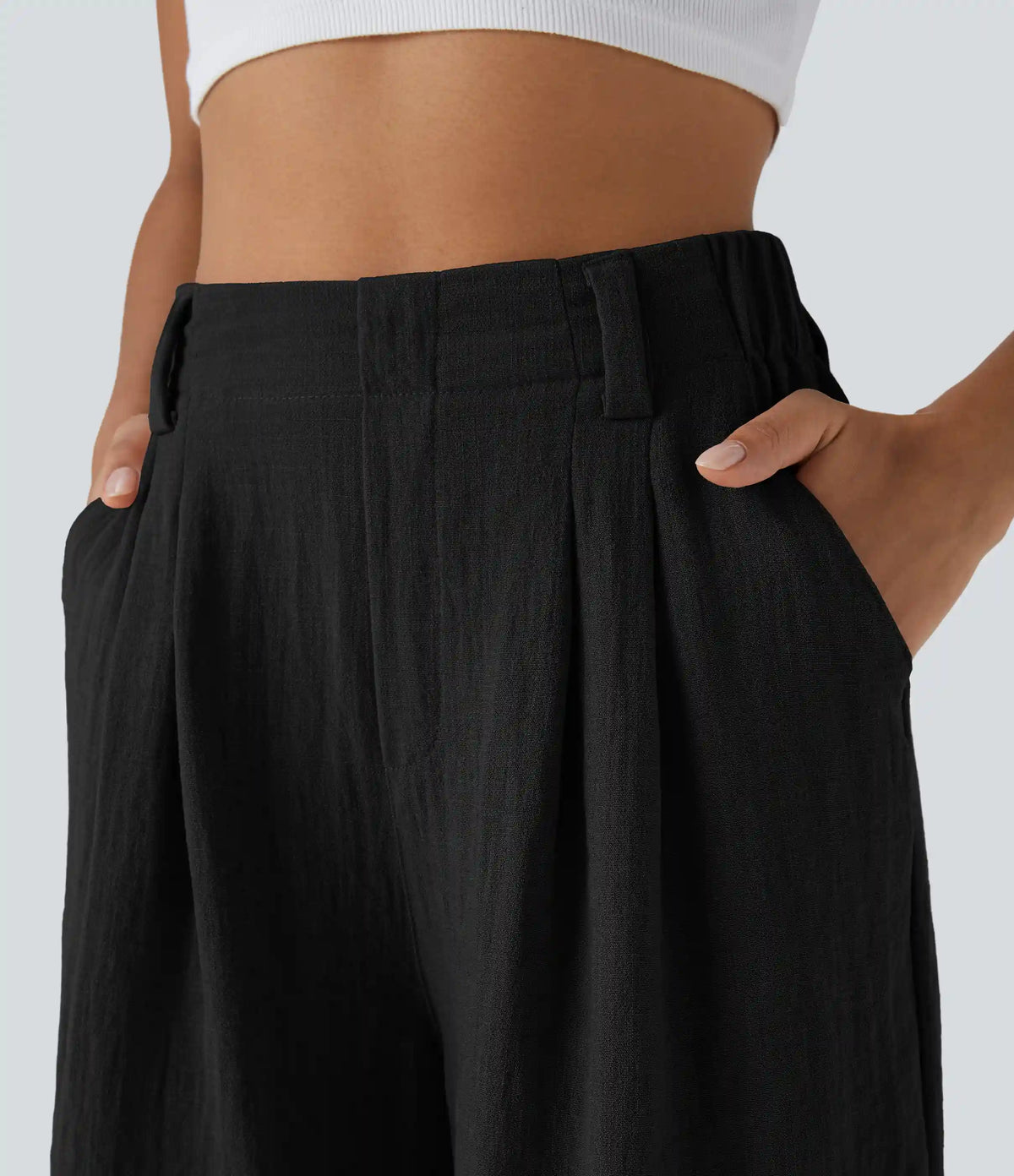 High Waisted Pocket Wide Leg Casual Linen-Feel Bermuda Shorts