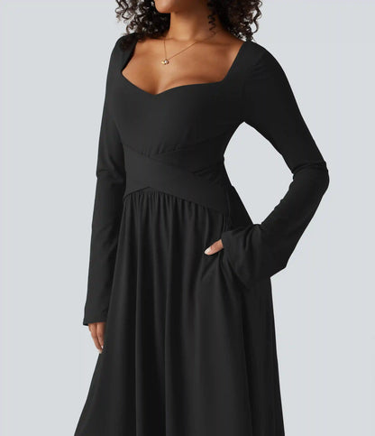 Long Sleeve Built-in Bra Crossover Flowy Midi Casual Dress with Pockets