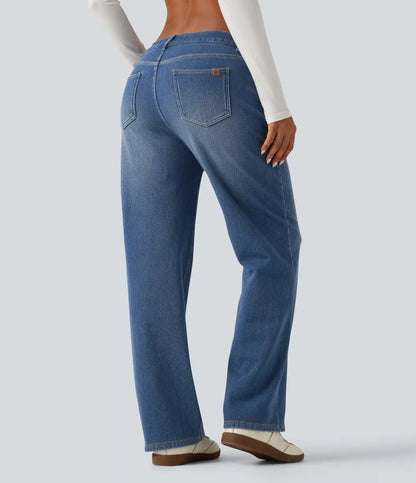 Mid Rise Asymmetric Straight Leg Fleece Casual Jeans with Pockets