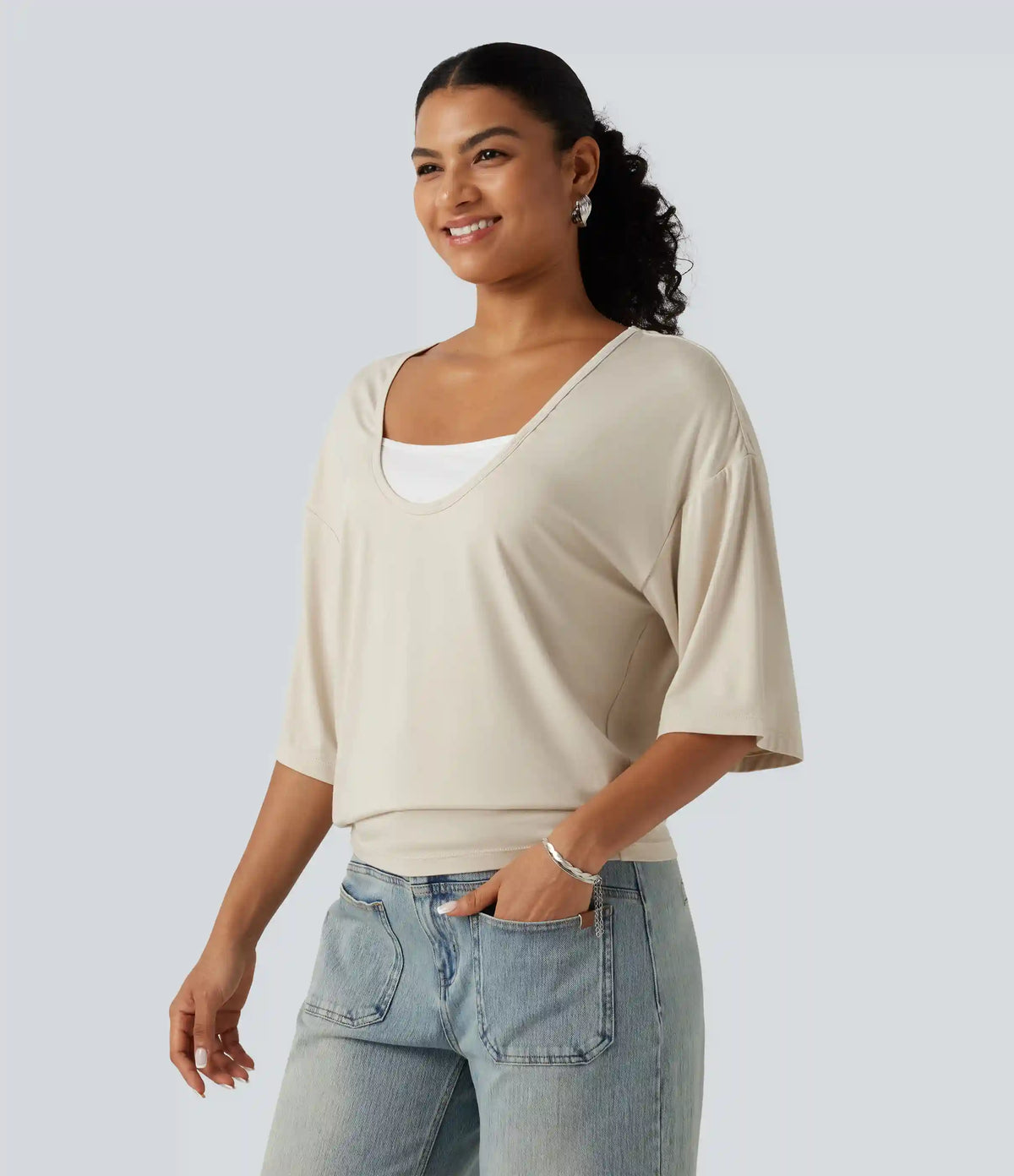 Scoop Neck Half Sleeve Color Block Casual Top