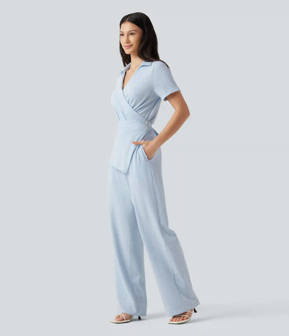 Short Sleeve Wrapped Tie Back Stripe Crinkle Cotton Casual Shirt Jumpsuit with Pockets-Easy Peezy Edition