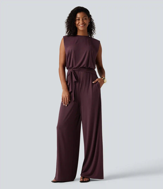 Round Neck Sleeveless Tie Front InstantCool Casual Jumpsuit with Pockets-Easy Peezy Edition-UPF50+