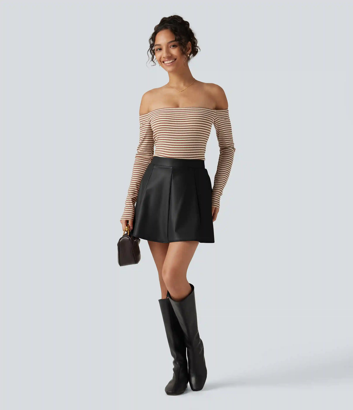 High Waisted Fleece Work PU Leather Mini Skirt with Built-in Shorts and Pockets