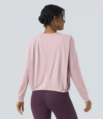 Round Neck Long Sleeve Ruched Yoga Sports Top-UPF50+