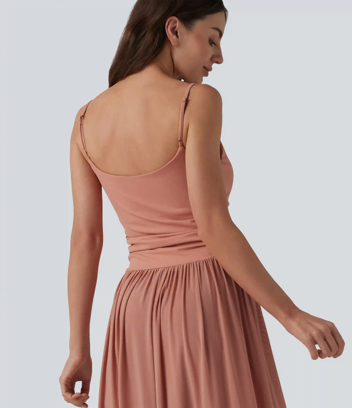 Adjustable Straps Ruched Contrast Mesh Built-in Bra Maxi Casual Flowy Slip Dress