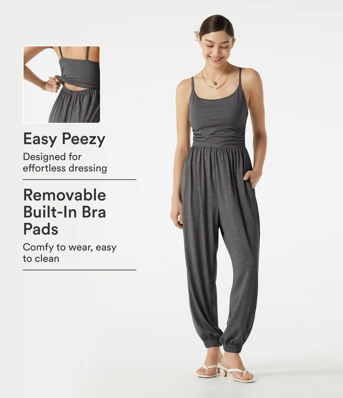 Adjustable Straps Ruched Built-in Bra Heathered Casual Jogger Jumpsuit with Pockets-Easy Peezy